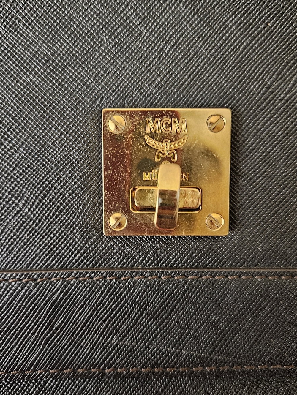MCM Black Leather Satchel with Gold-Tone Lock - Picture 3 of 12